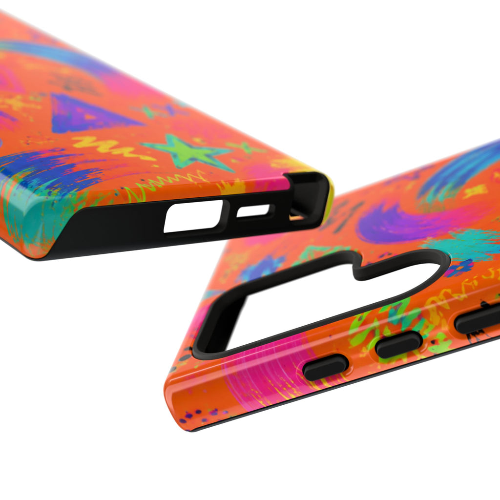 Colorful Neon Doodle Phone Case — Bright Abstract Stars & Hearts Tough Case