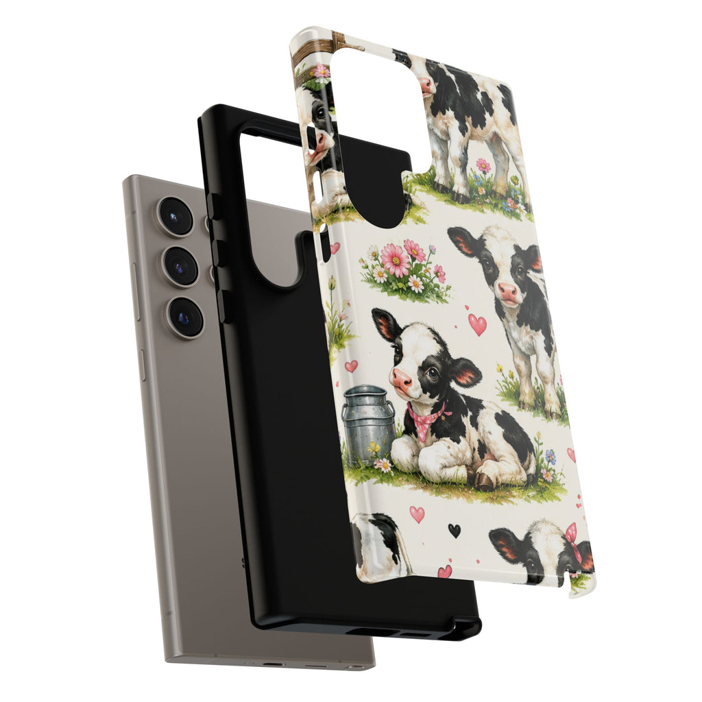Cute Calf Pattern Phone Case – Pastel Cow Hearts & Flowers Protective Cover