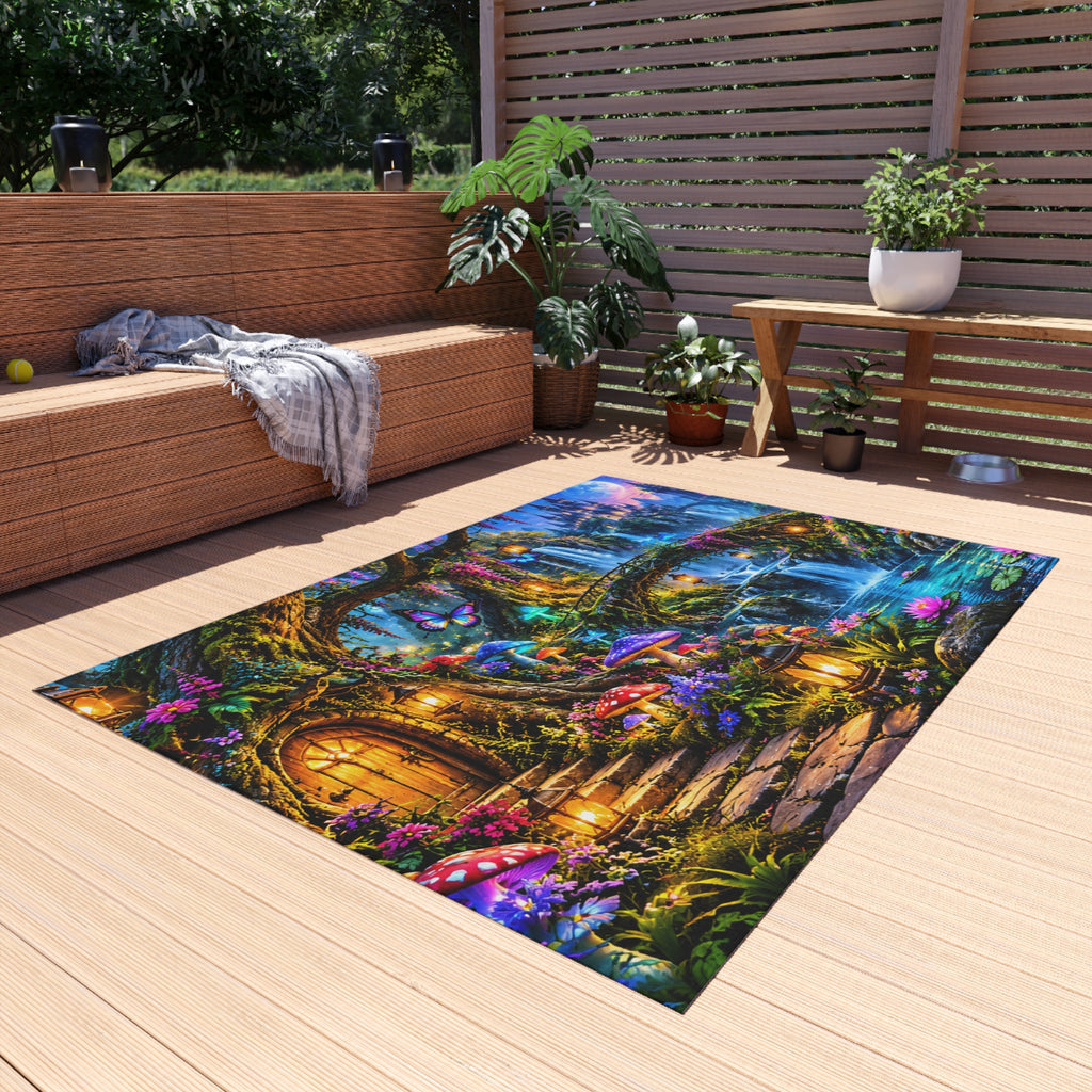Fantasy Waterfall Outdoor Rug — Enchanted Forest Doorstep Mat