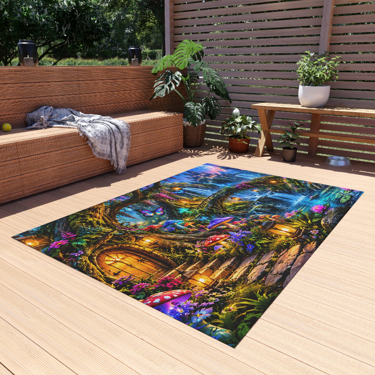 Fantasy Waterfall Outdoor Rug — Enchanted Forest Doorstep Mat