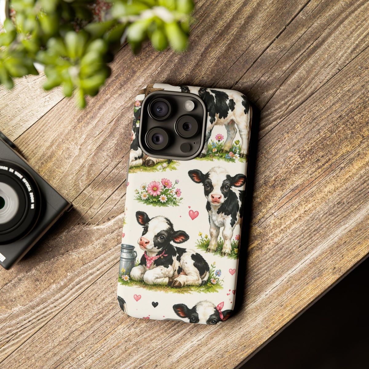 Cute Calf Pattern Phone Case – Pastel Cow Hearts & Flowers Protective Cover