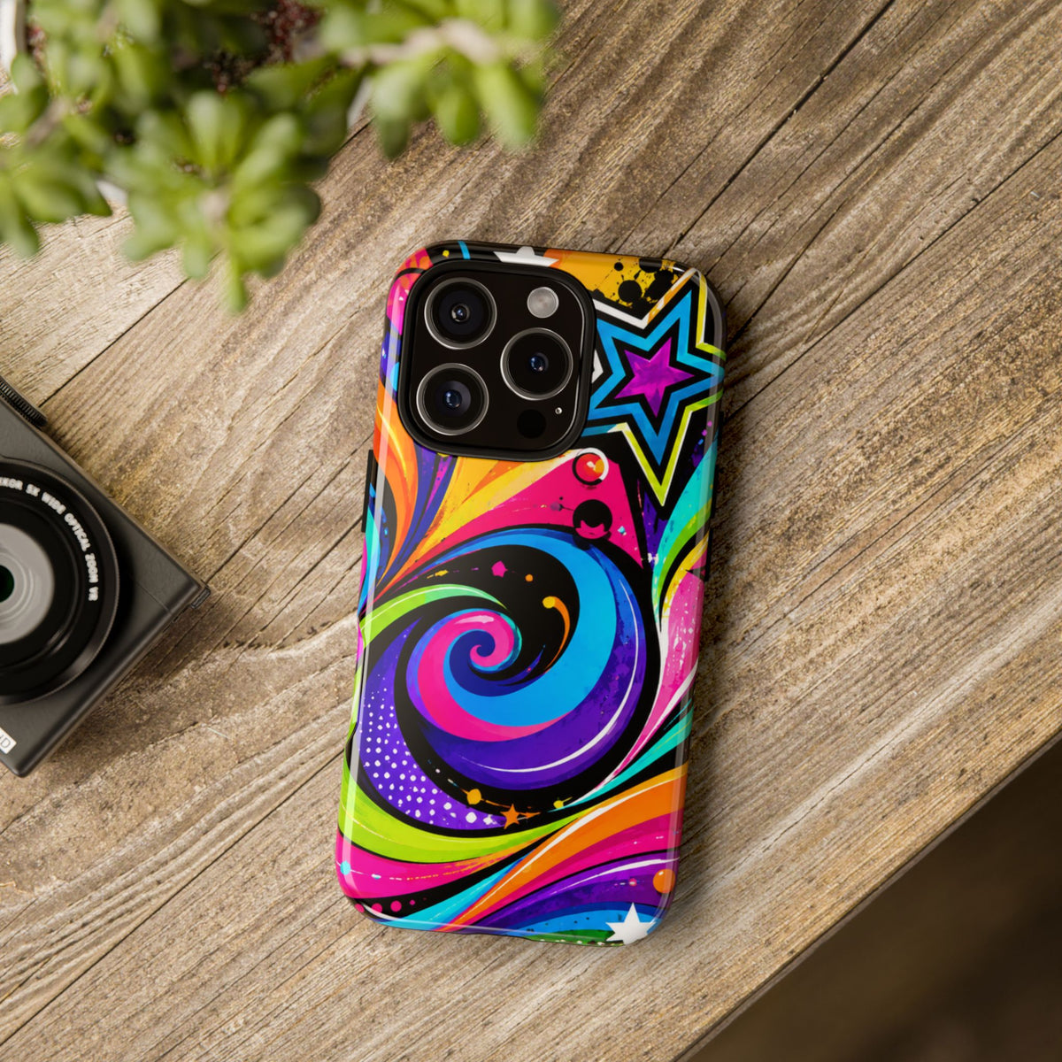Psychedelic Swirl Phone Case — Bold Retro Stars & Neon Pop Art Tough Case