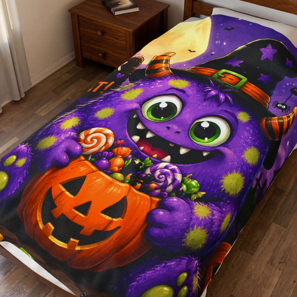 Halloween Monster Velveteen Plush Blanket – Cute Purple Trick or Treat Design