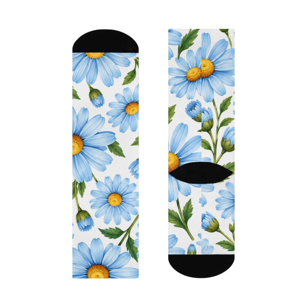 Daisy Bloom Cushioned Crew Socks — Blue Floral Comfort Socks