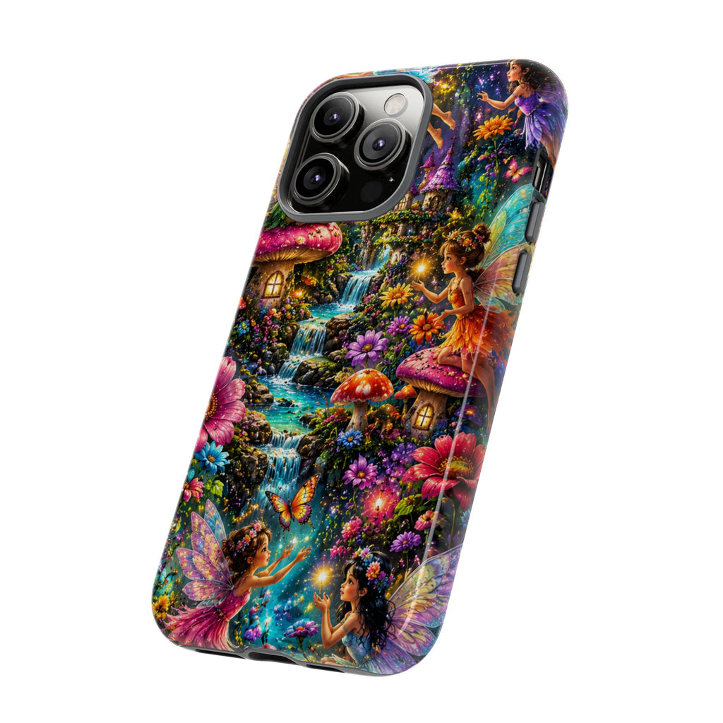 Fairy Garden Tough Phone Case — Whimsical Cottage, Waterfall & Mushroom Artwork