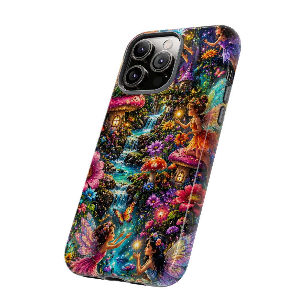 Fairy Garden Tough Phone Case — Whimsical Cottage, Waterfall & Mushroom Artwork