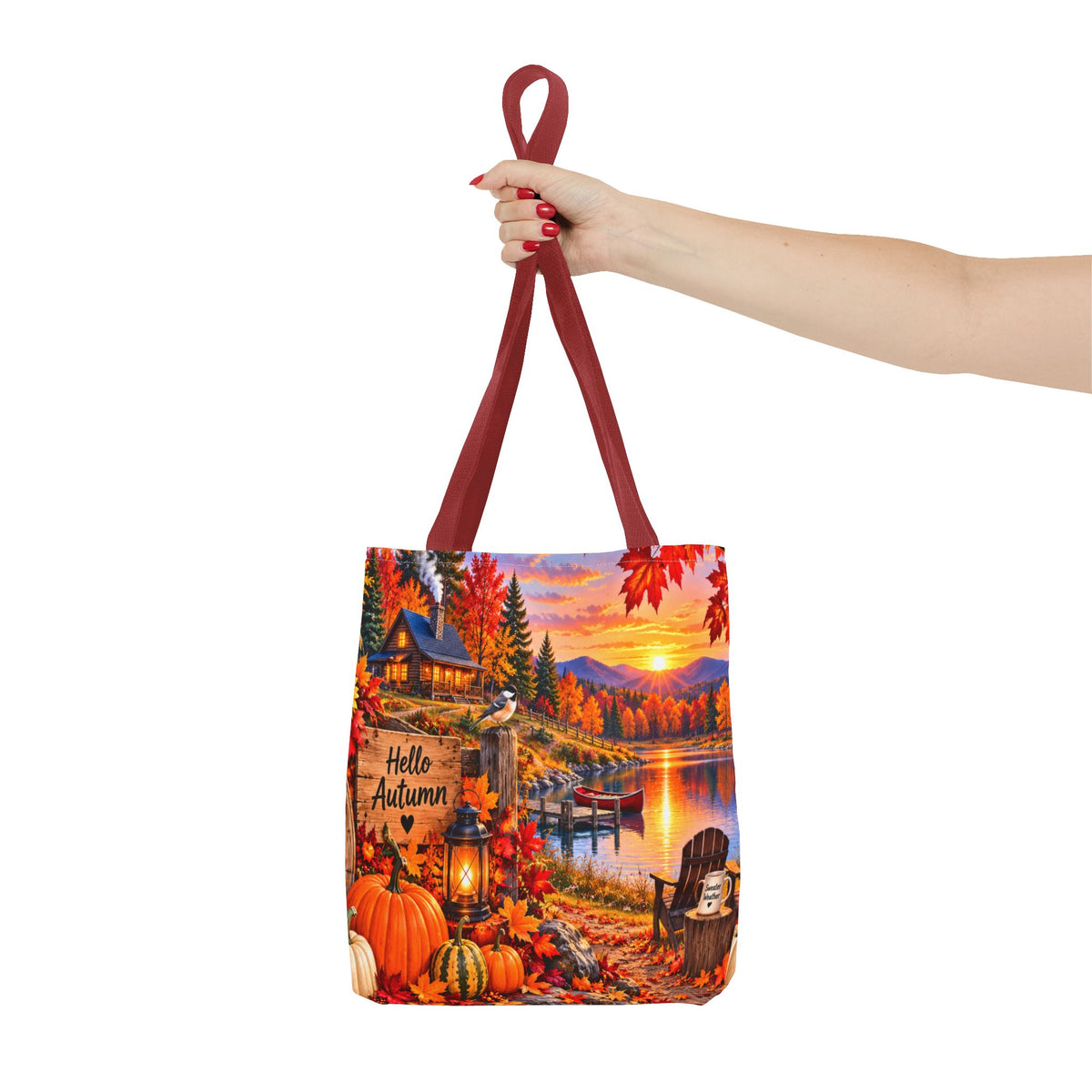 Autumn Lakeside Tote Bag — "Hello Autumn" Fall Cabin Sunset Design
