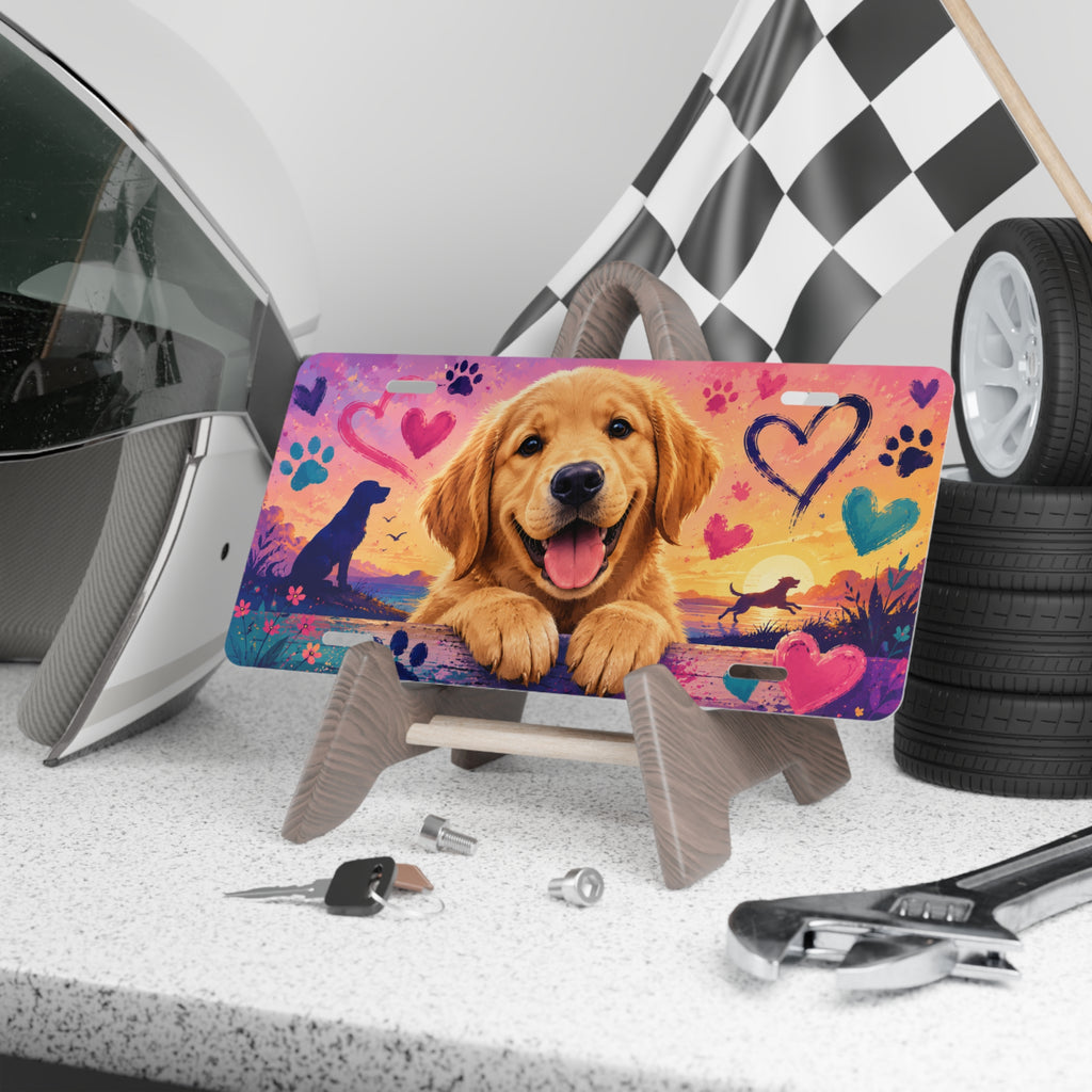 Golden Retriever puppy vanity plate | dog paw hearts license plate