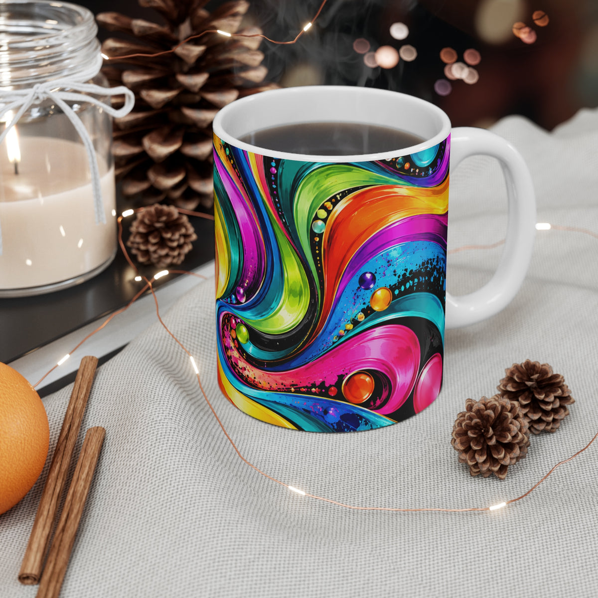 Psychedelic Swirl 11oz Coffee Mug — Vibrant Rainbow Abstract Design