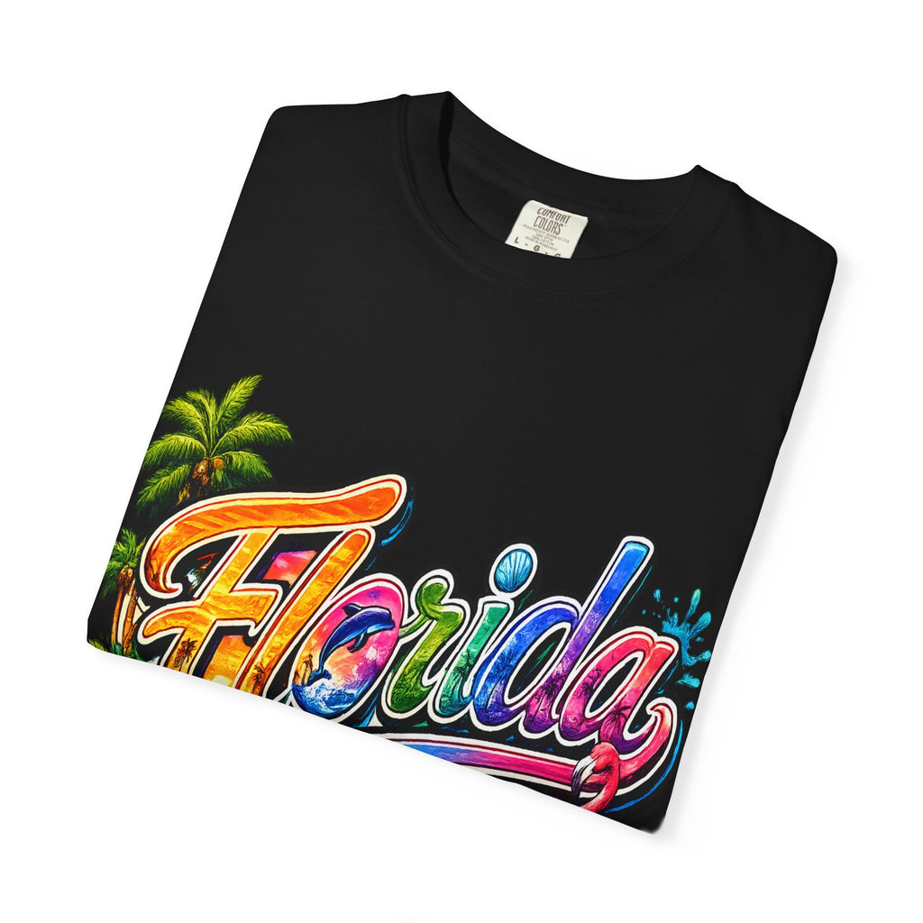 Florida Retro Palm Beach Sunset T-Shirt | Flamingo Hibiscus