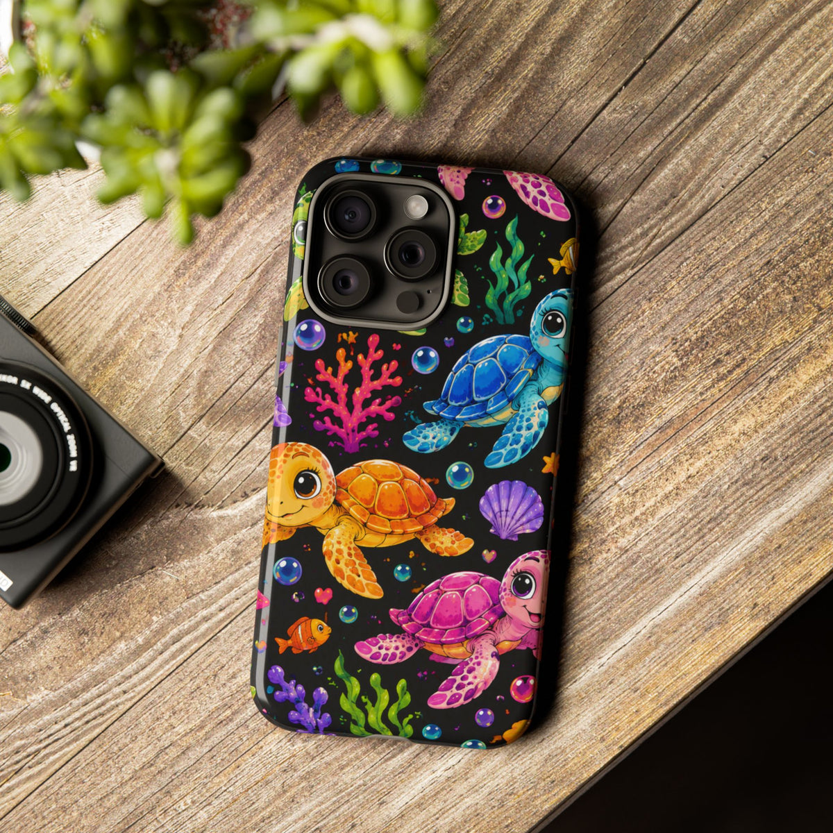 Phone Case — Colorful Cute Sea Turtles on Black (Protective Smartphone Cover)