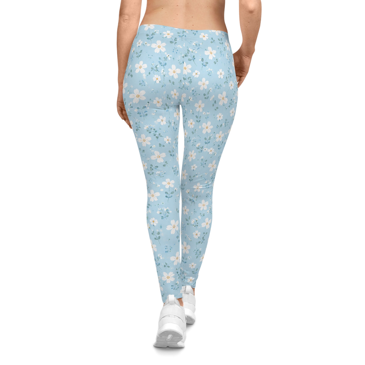 Blue Floral Leggings — Light Blue Spring Daisy Print Women's Leggings