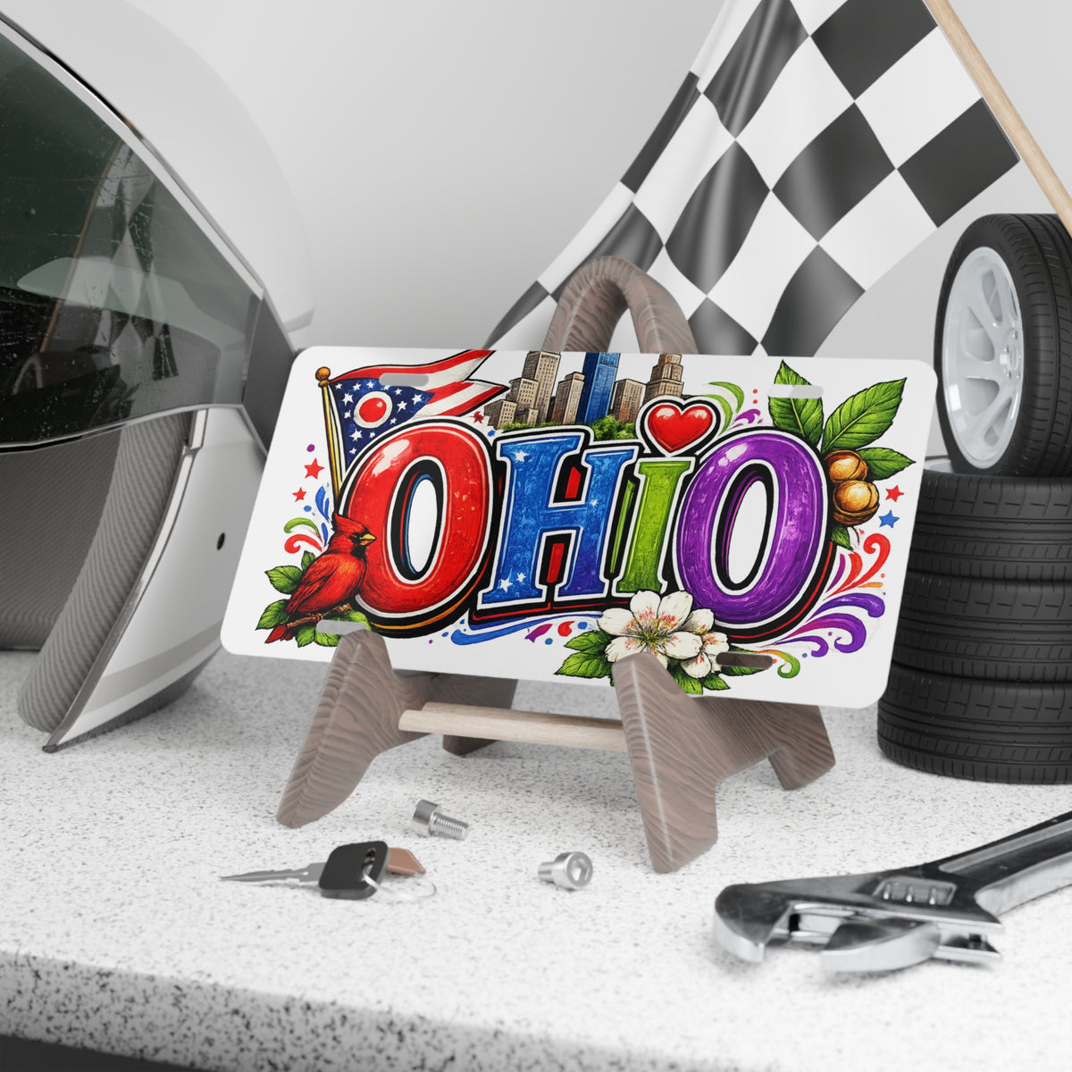 Ohio graphic Vanity Plate | state flag, cardinal, skyline, buckeye