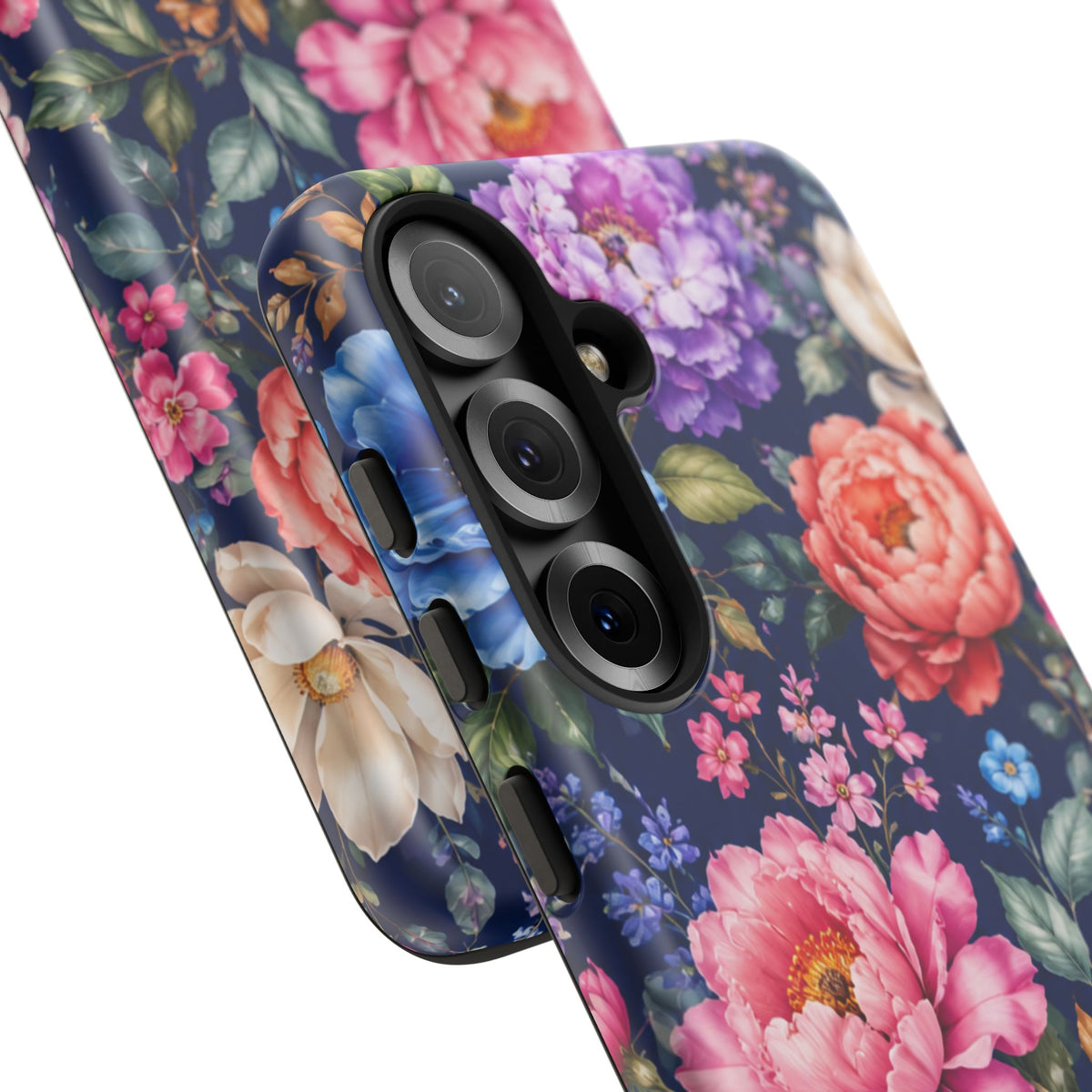 Floral Tough Phone Case – Vibrant Garden Flowers on Navy