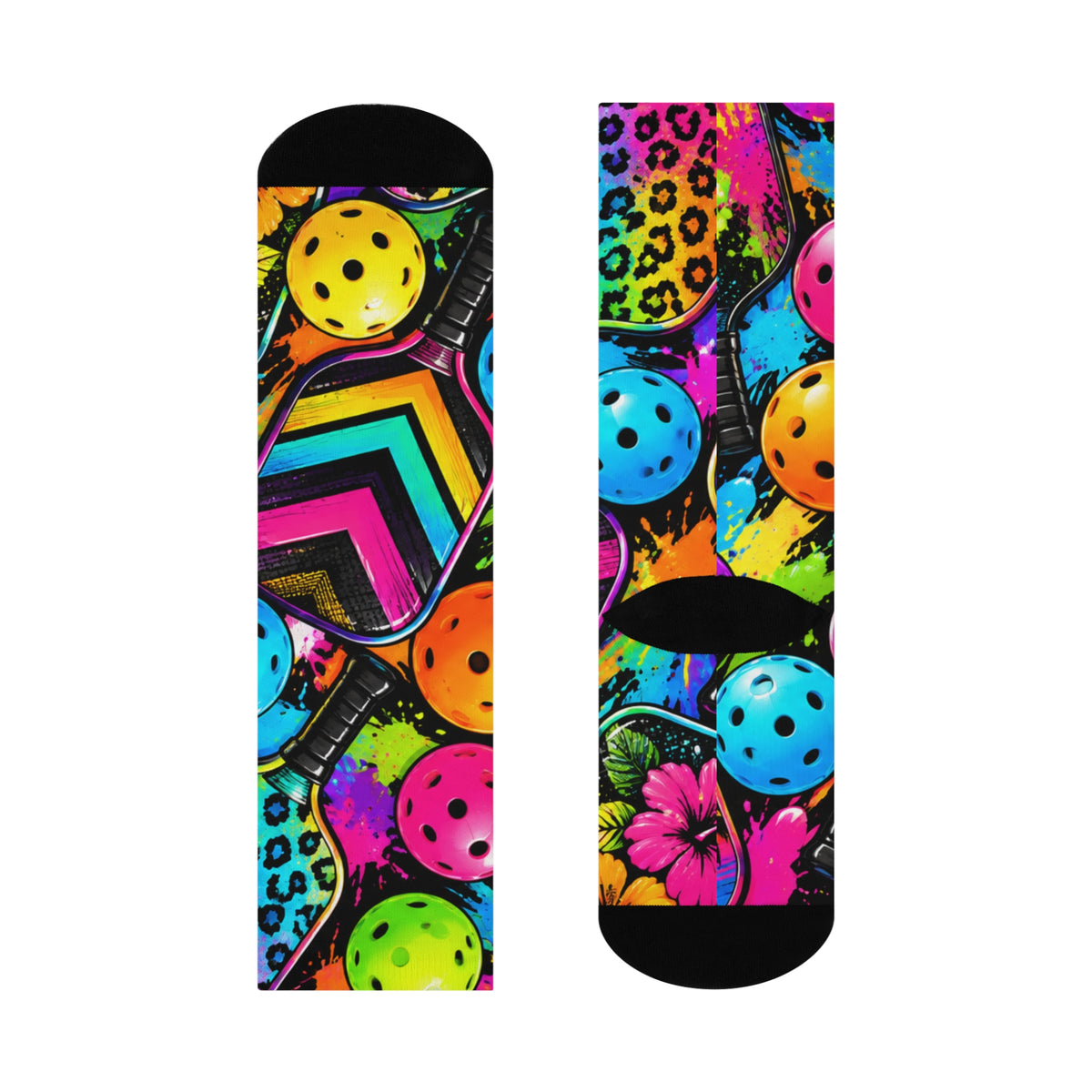 Cushioned Crew Socks — Neon Pickleball Hearts & Leopard Print Compression Socks