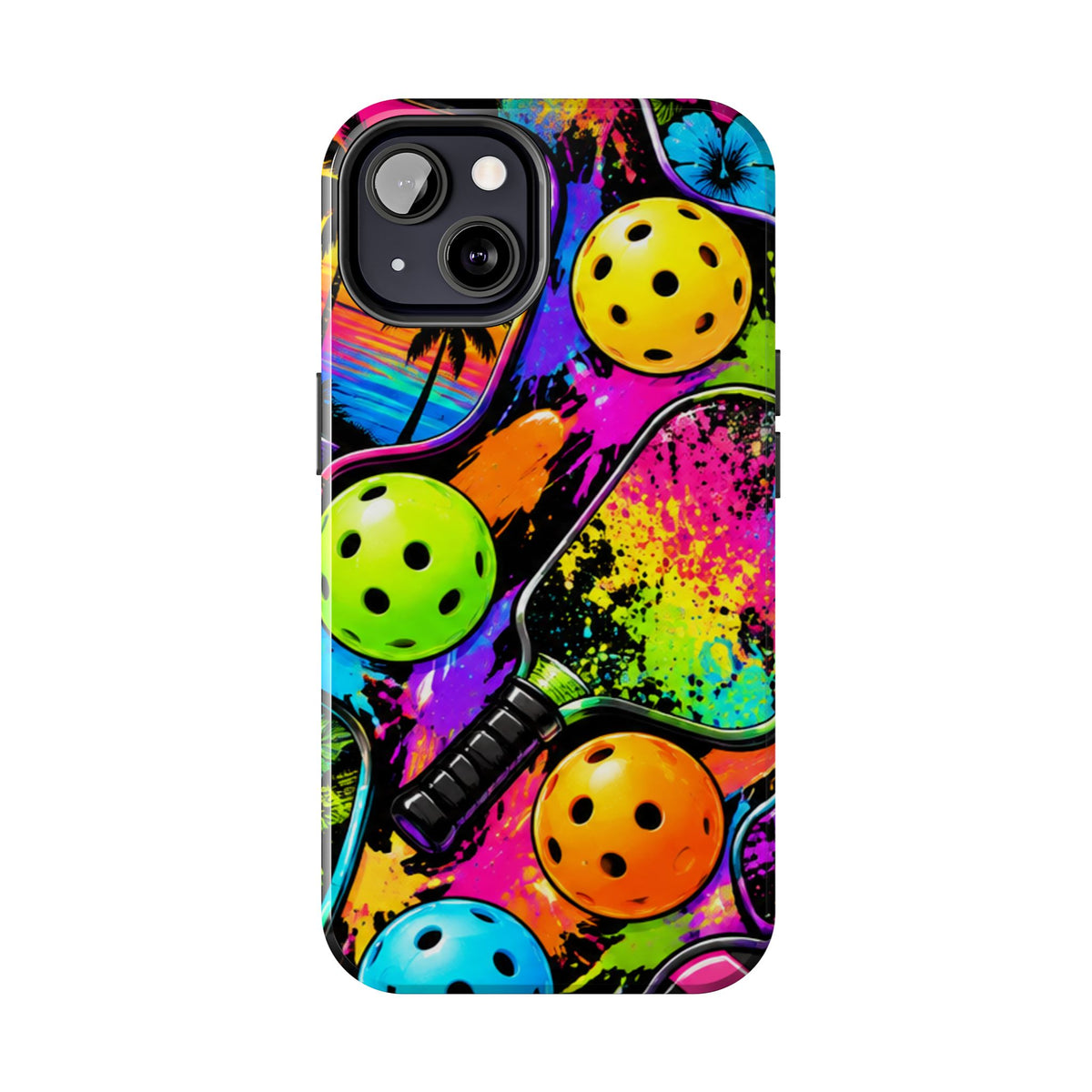 Pickleball Splash Tough Phone Case — Neon Paddle & Ball Protective Cover