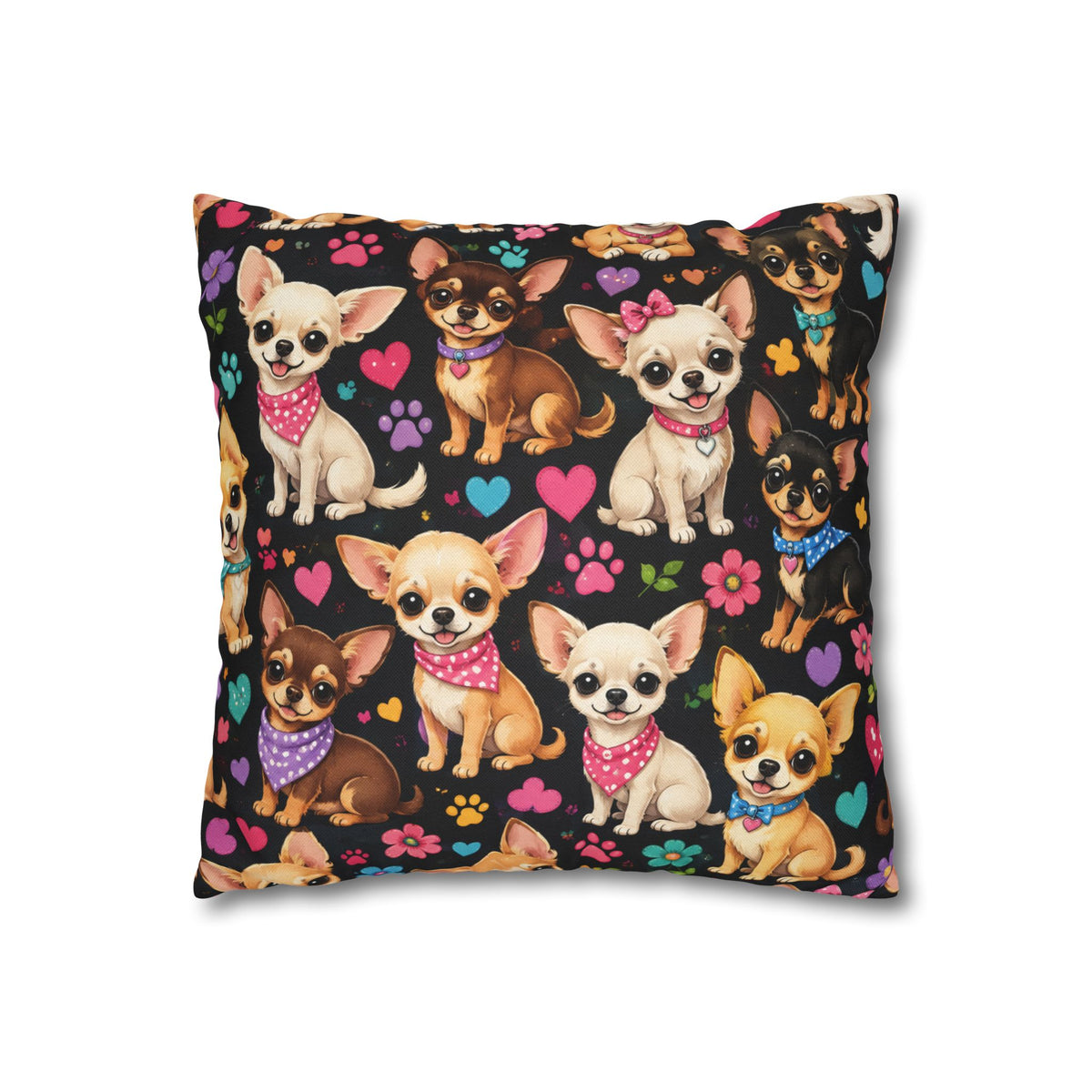 Chihuahua Pattern Pillowcase | Square Throw Pillowcase with Cute Dogs and Paw Prints