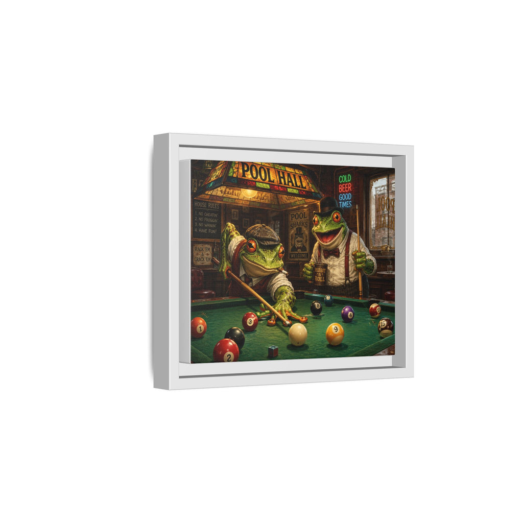 Frogs Playing Pool Matte Canvas Framed