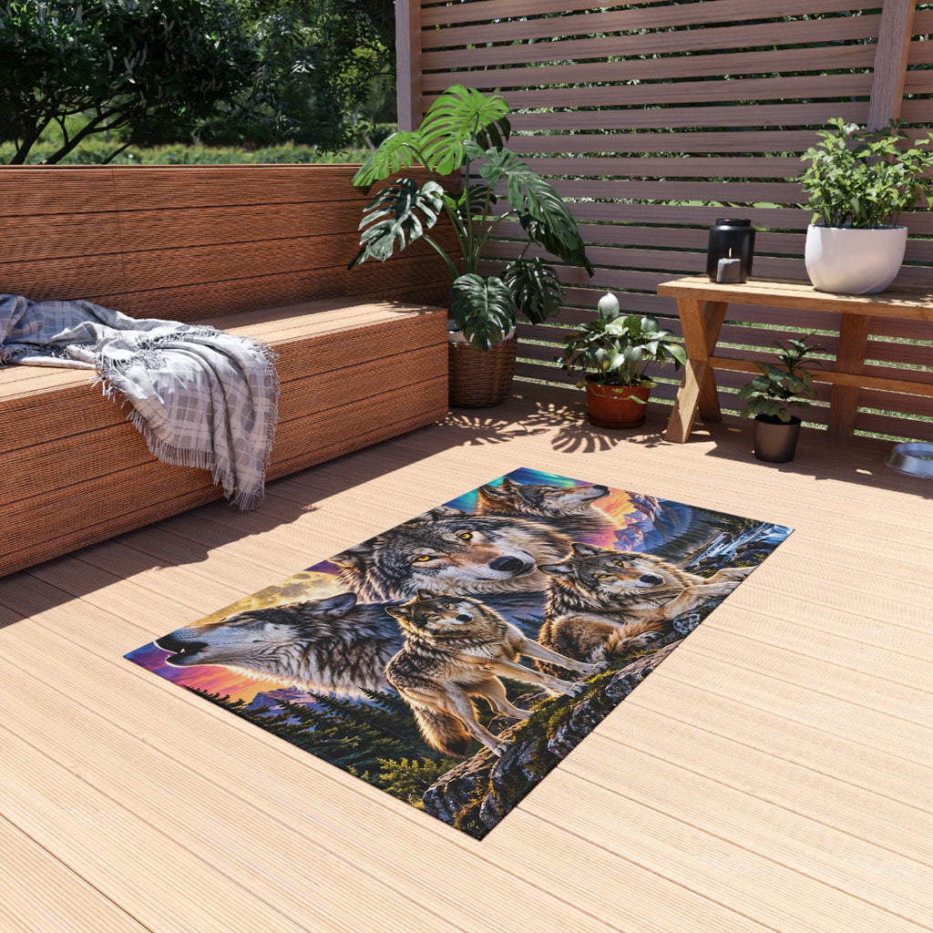 Wolf Pack Outdoor Rug — Scenic Mountain & Northern Lights Design