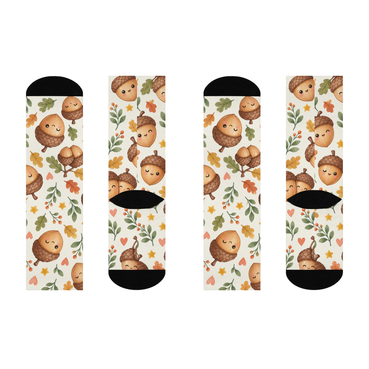Cute Acorn Faces Cushioned Crew Socks | Autumn Leaves Pattern