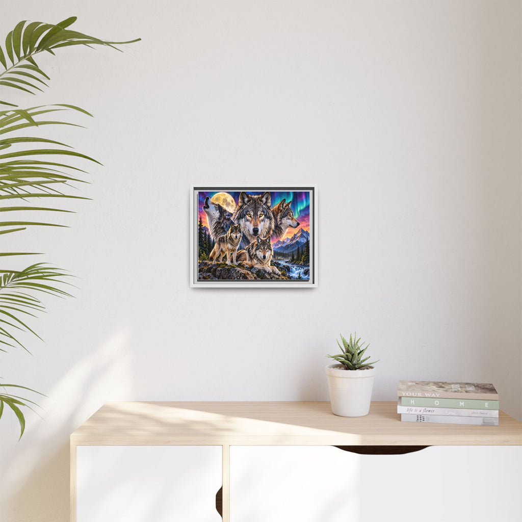 Framed Wolf Pack Matte Canvas Wall Art — Northern Lights Wilderness Scene