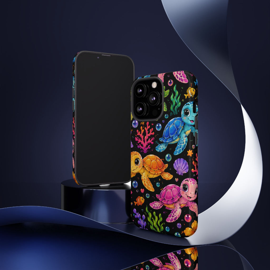 Phone Case — Colorful Cute Sea Turtles on Black (Protective Smartphone Cover)