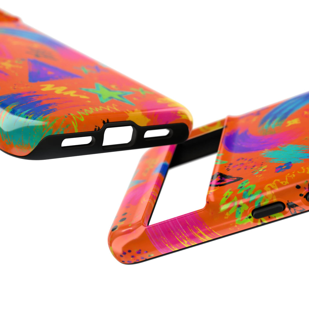 Colorful Neon Doodle Phone Case — Bright Abstract Stars & Hearts Tough Case
