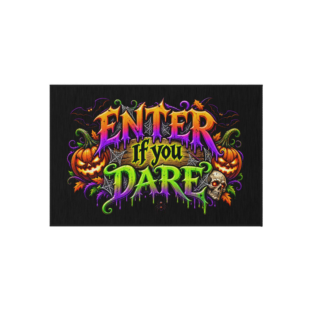 Outdoor Rug — "Enter If You Dare" Halloween Doormat with Pumpkins & Skull