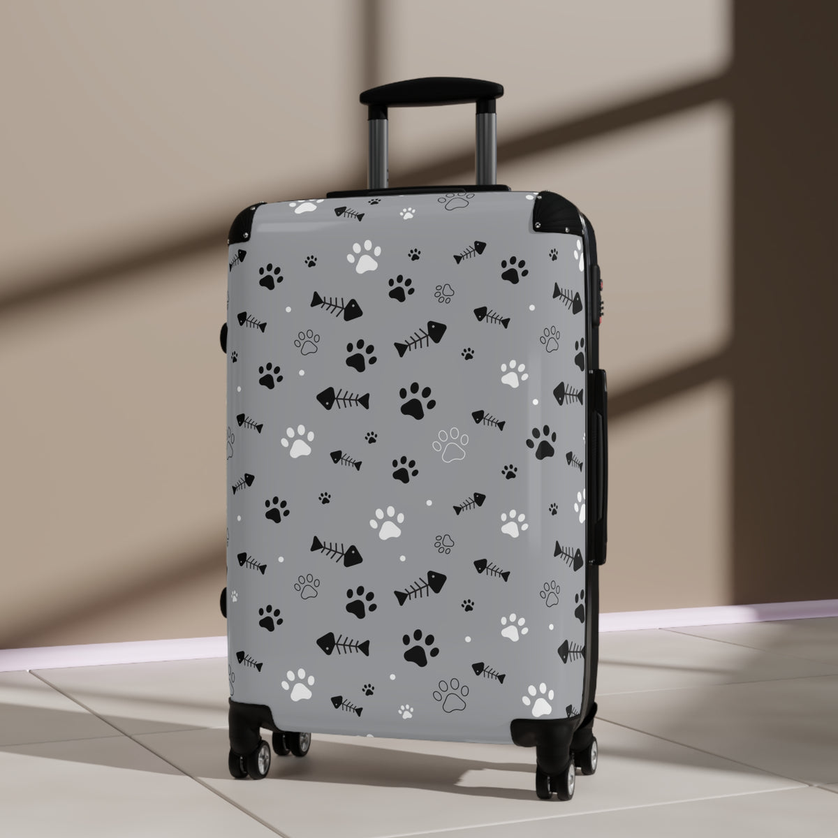 Pet Paw Print Suitcase — Grey Travel Luggage with Cat & Dog Paw Pattern