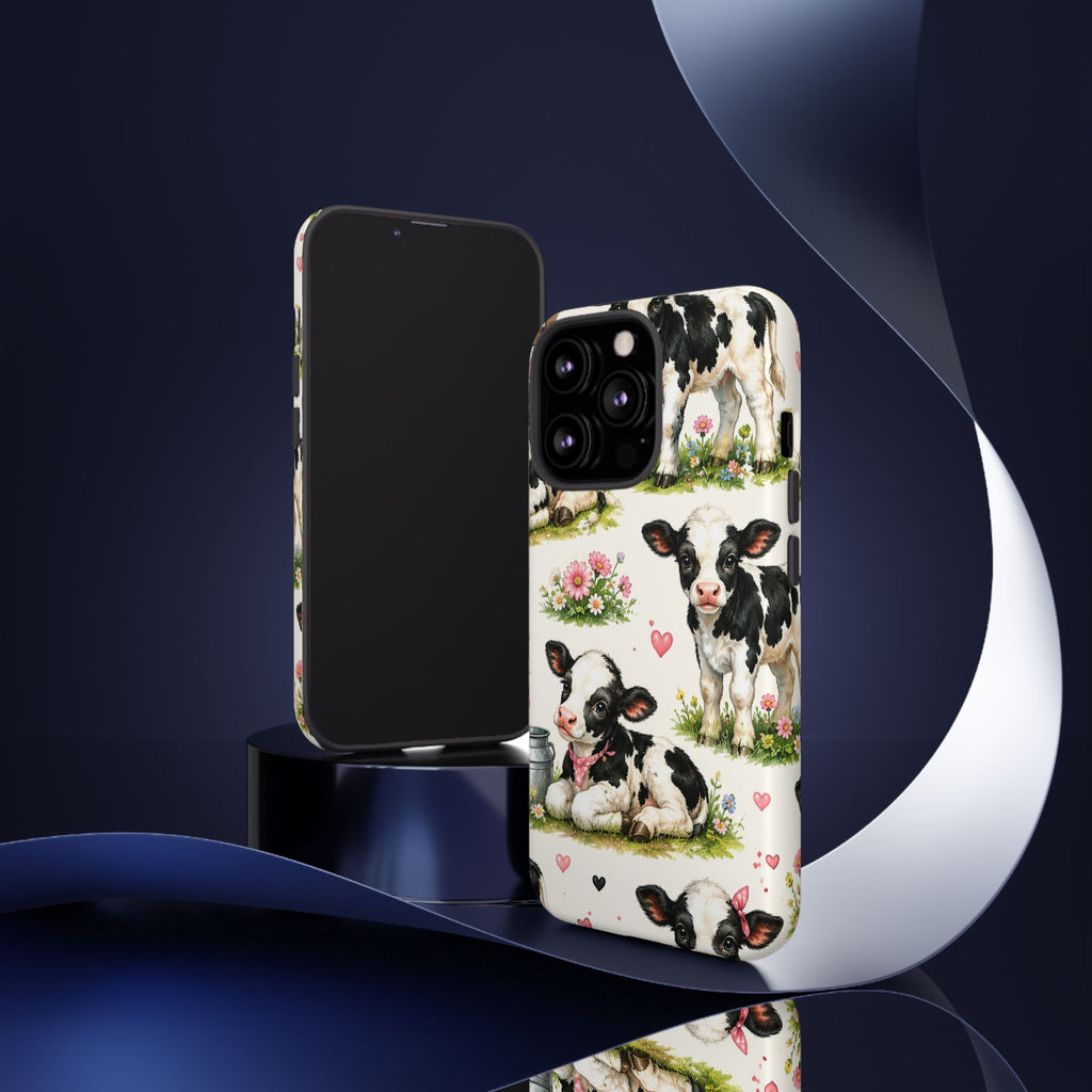 Cute Calf Pattern Phone Case – Pastel Cow Hearts & Flowers Protective Cover