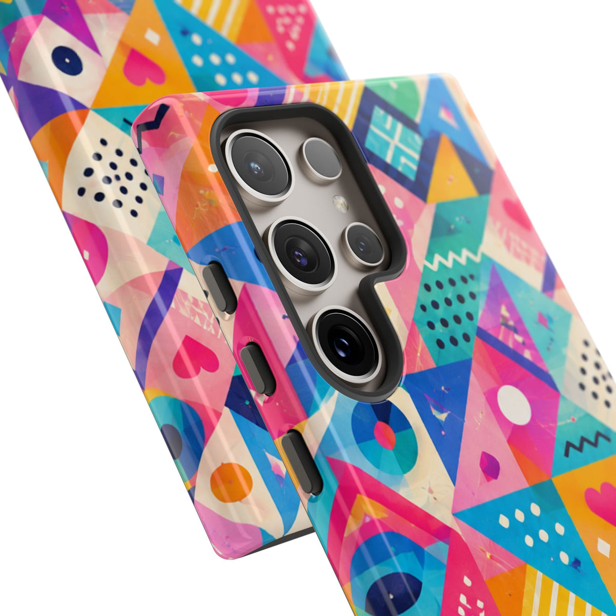 Colorful Geometric Tough Phone Case — Bright Abstract Heart & Triangle Pattern