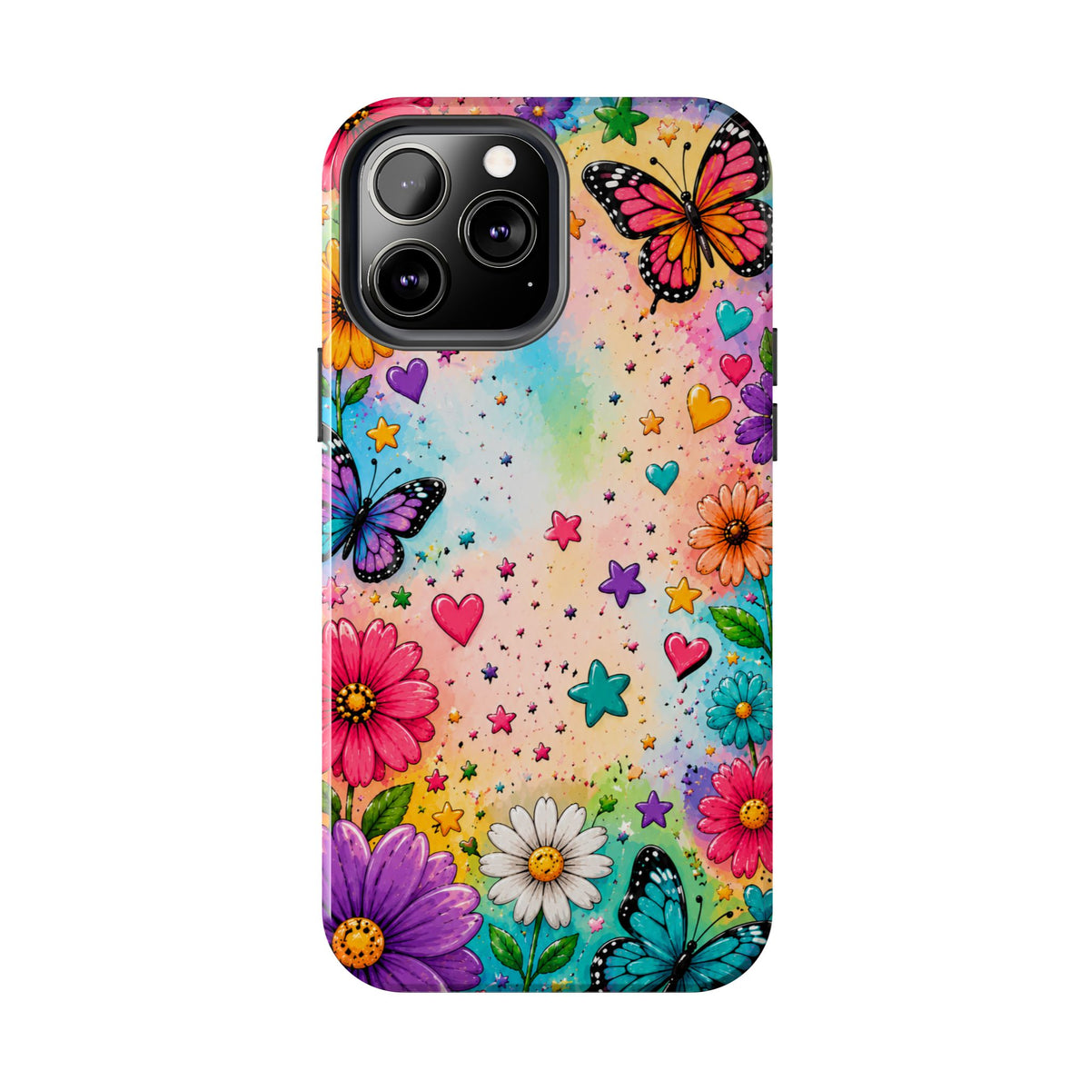 Colorful Butterflies and Flowers Tough Phone Case | Rainbow Hearts Stars