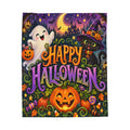 Happy Halloween Velveteen Plush Blanket – Cute Ghost, Pumpkin & Witch Cat Throw