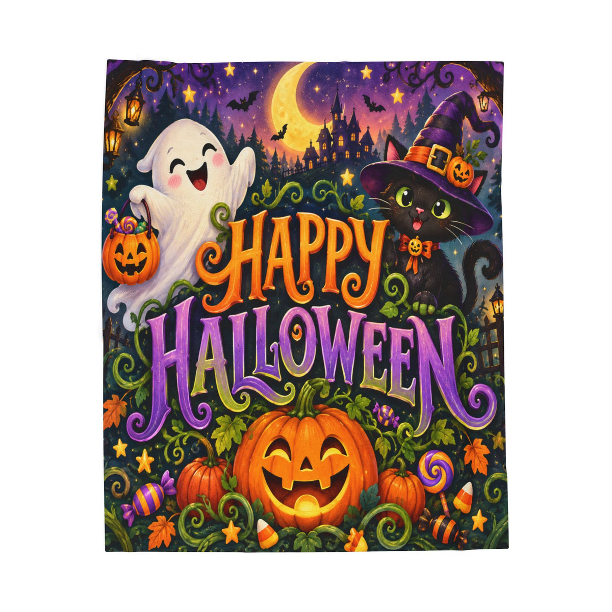 Happy Halloween Velveteen Plush Blanket – Cute Ghost, Pumpkin & Witch Cat Throw