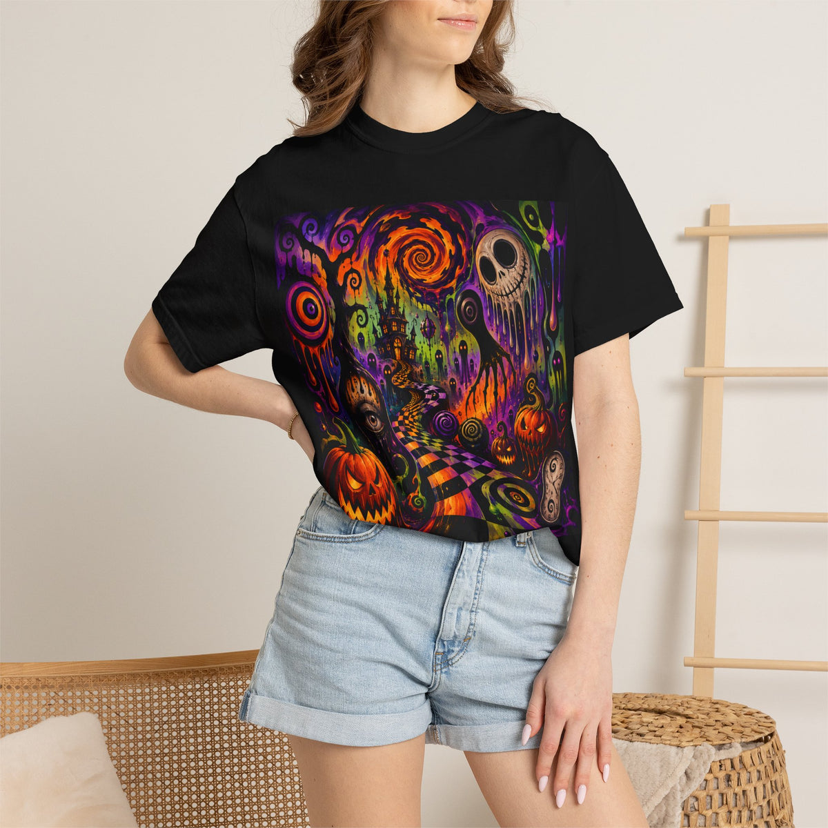 Halloween Psychedelic Tee — Neon Pumpkin & Skull Graphic T-Shirt
