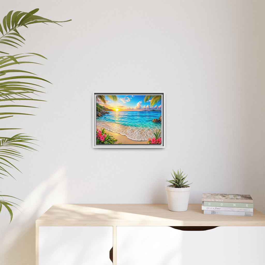 Framed Beach Sunset Matte Canvas Wall Art — Tropical Ocean Sunrise Decor