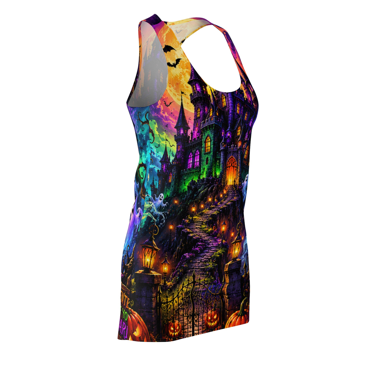 Halloween Haunted Castle Racerback Dress — Spooky Ghost & Pumpkin All-Over Print