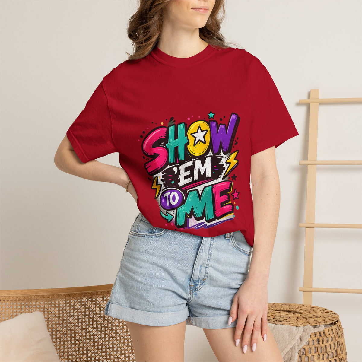 Show 'Em to Me bold pop art design T-shirt | colorful graphic tee