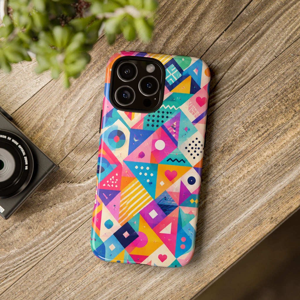 Colorful Geometric Tough Phone Case — Bright Abstract Heart & Triangle Pattern