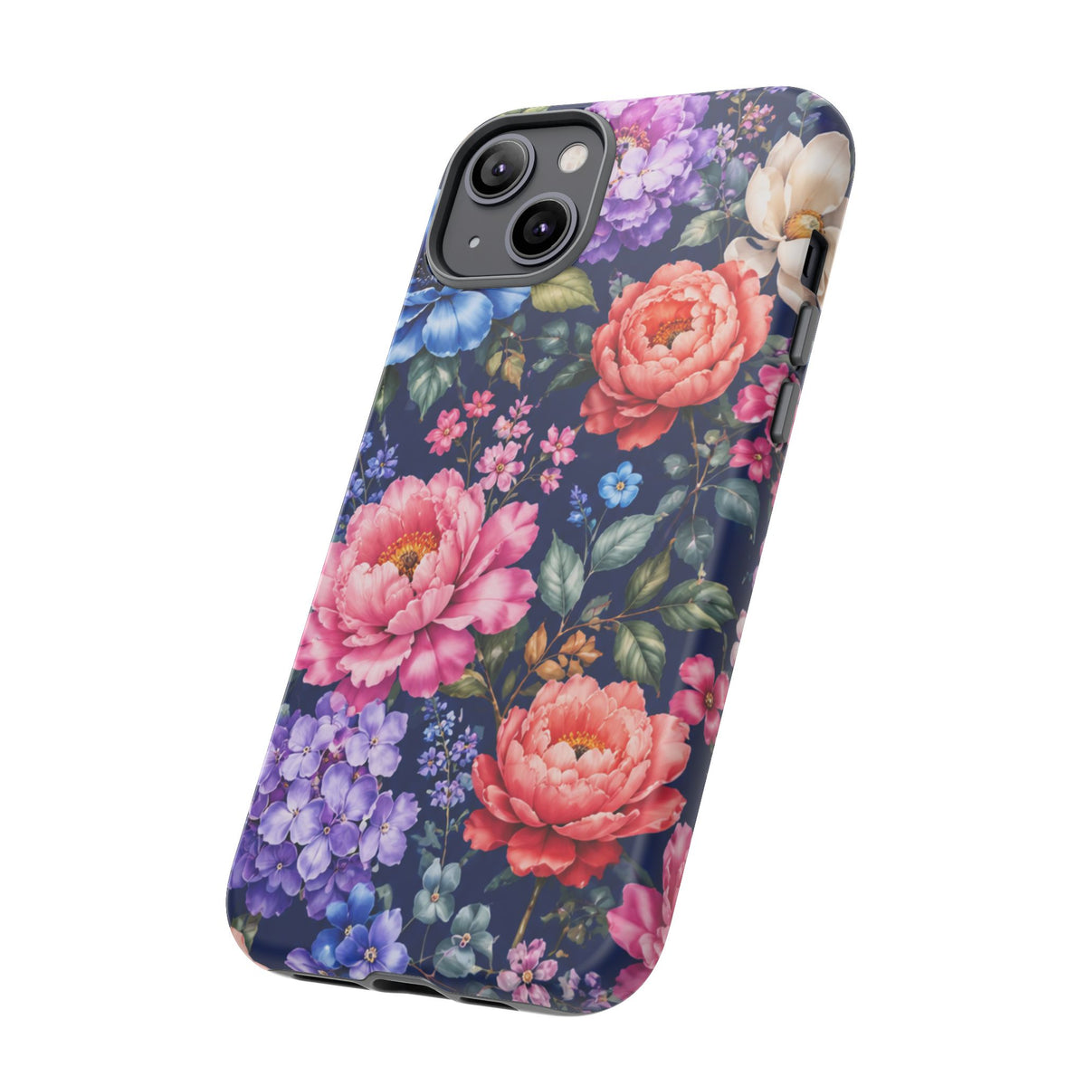Floral Tough Phone Case – Vibrant Garden Flowers on Navy