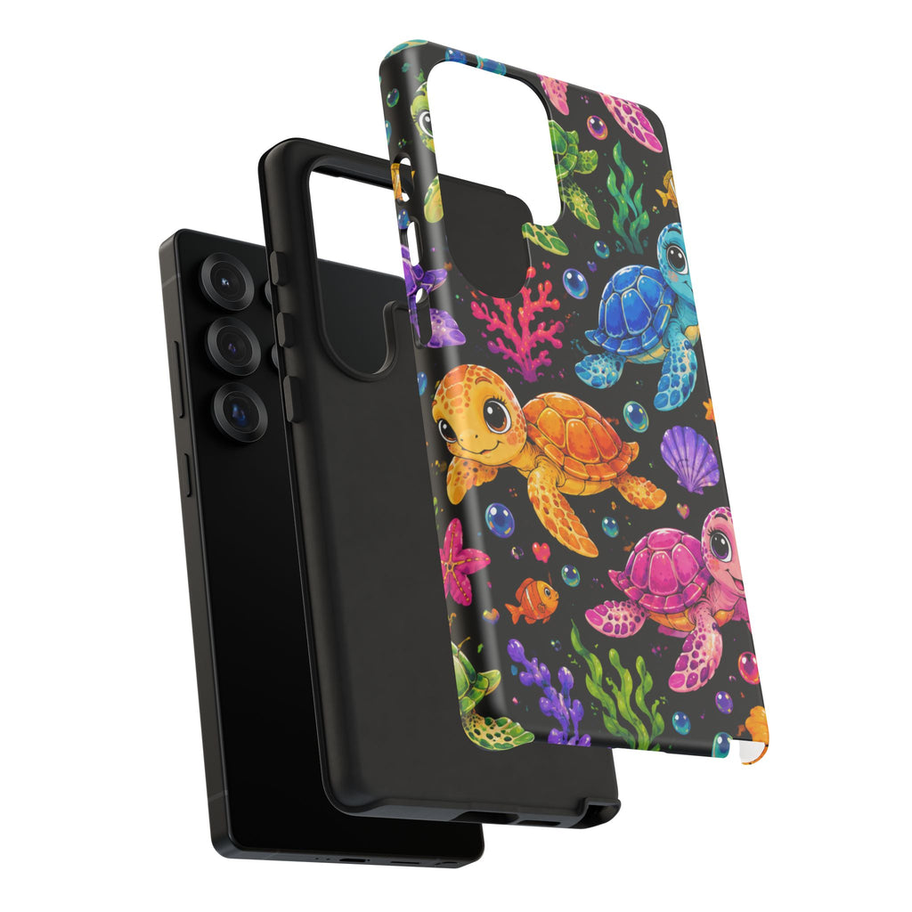 Phone Case — Colorful Cute Sea Turtles on Black (Protective Smartphone Cover)