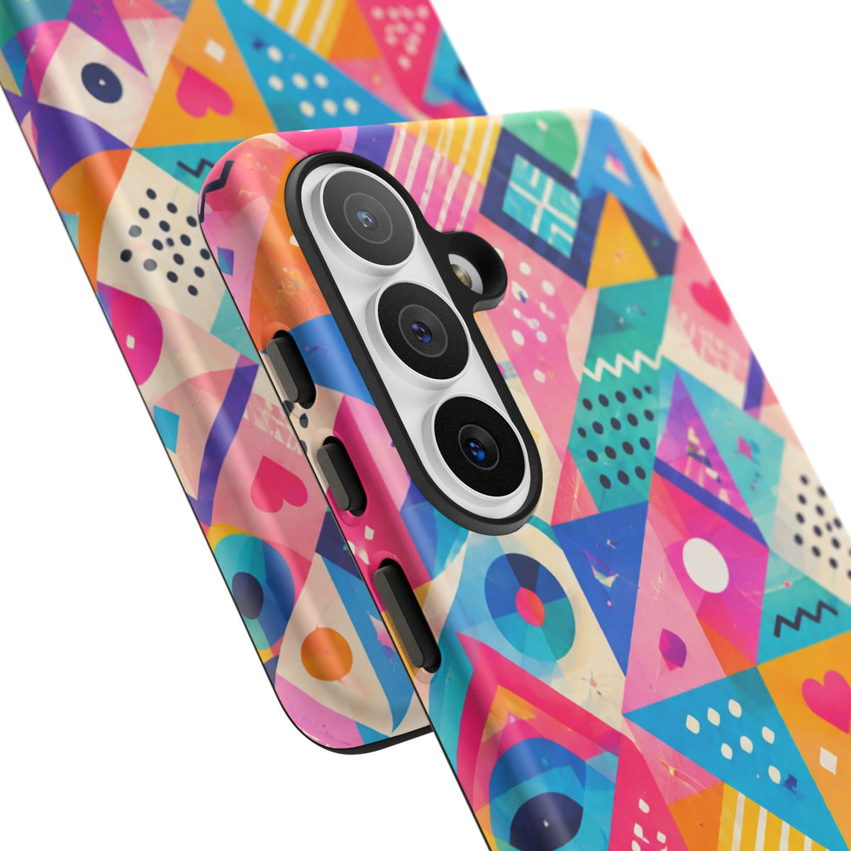 Colorful Geometric Tough Phone Case — Bright Abstract Heart & Triangle Pattern