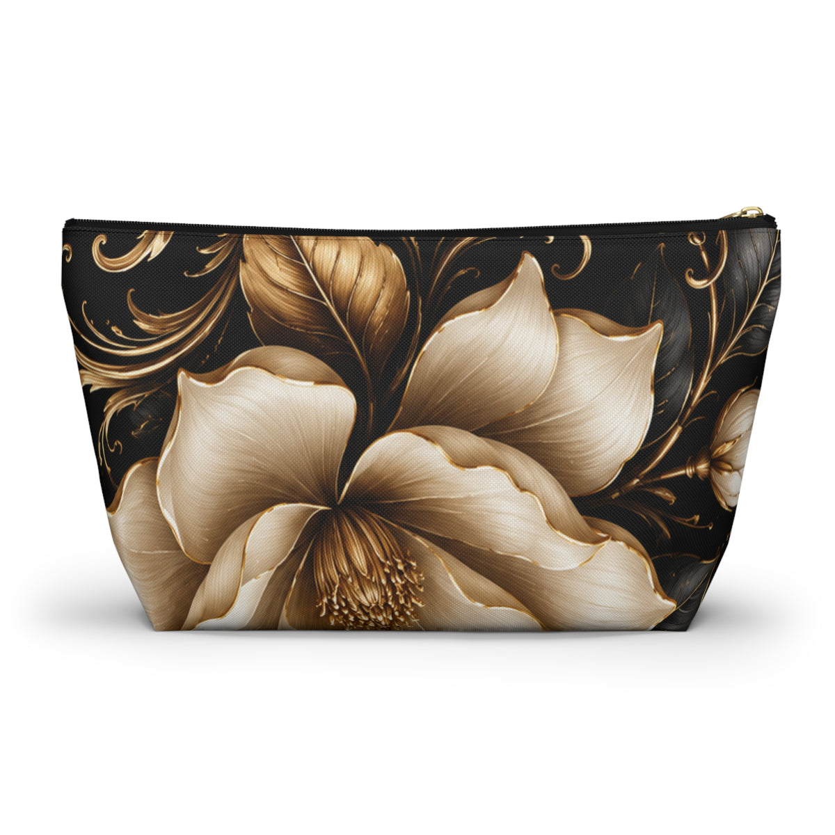 Floral Tapestry Accessory Pouch — Gold & Black Magnolia Makeup Bag