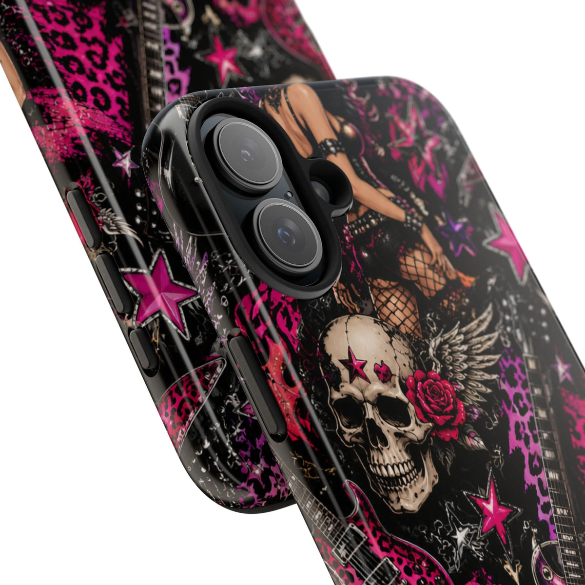 Rock Skull Guitar Phone Case — Edgy Pink Skull & Roses Tough Phone Case