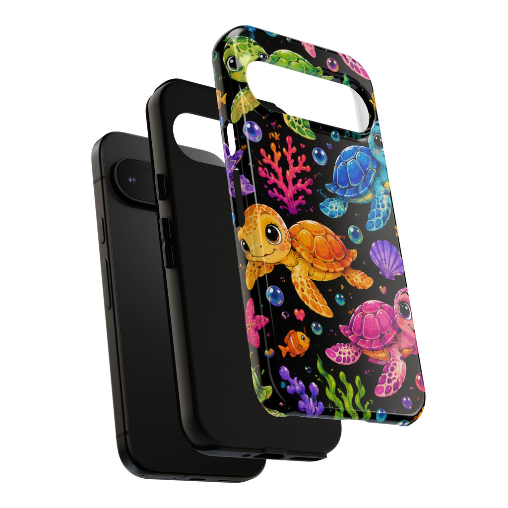 Phone Case — Colorful Cute Sea Turtles on Black (Protective Smartphone Cover)