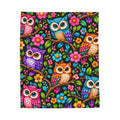 Colorful Owl Velveteen Plush Blanket - Soft Cozy Throw with Vibrant Floral Night Owls