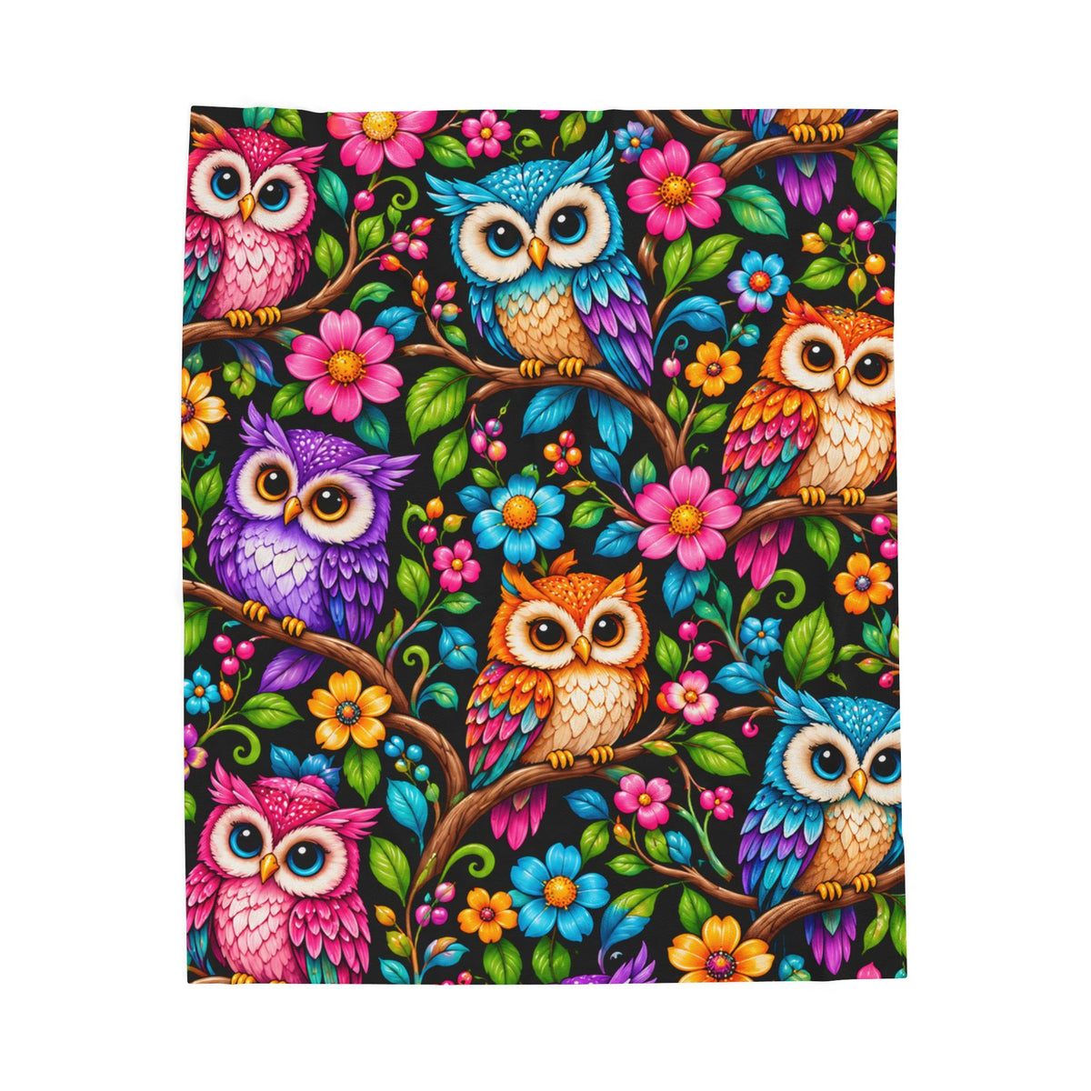 Colorful Owl Velveteen Plush Blanket - Soft Cozy Throw with Vibrant Floral Night Owls