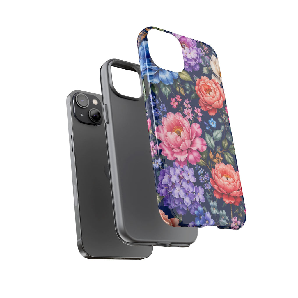 Floral Tough Phone Case – Vibrant Garden Flowers on Navy