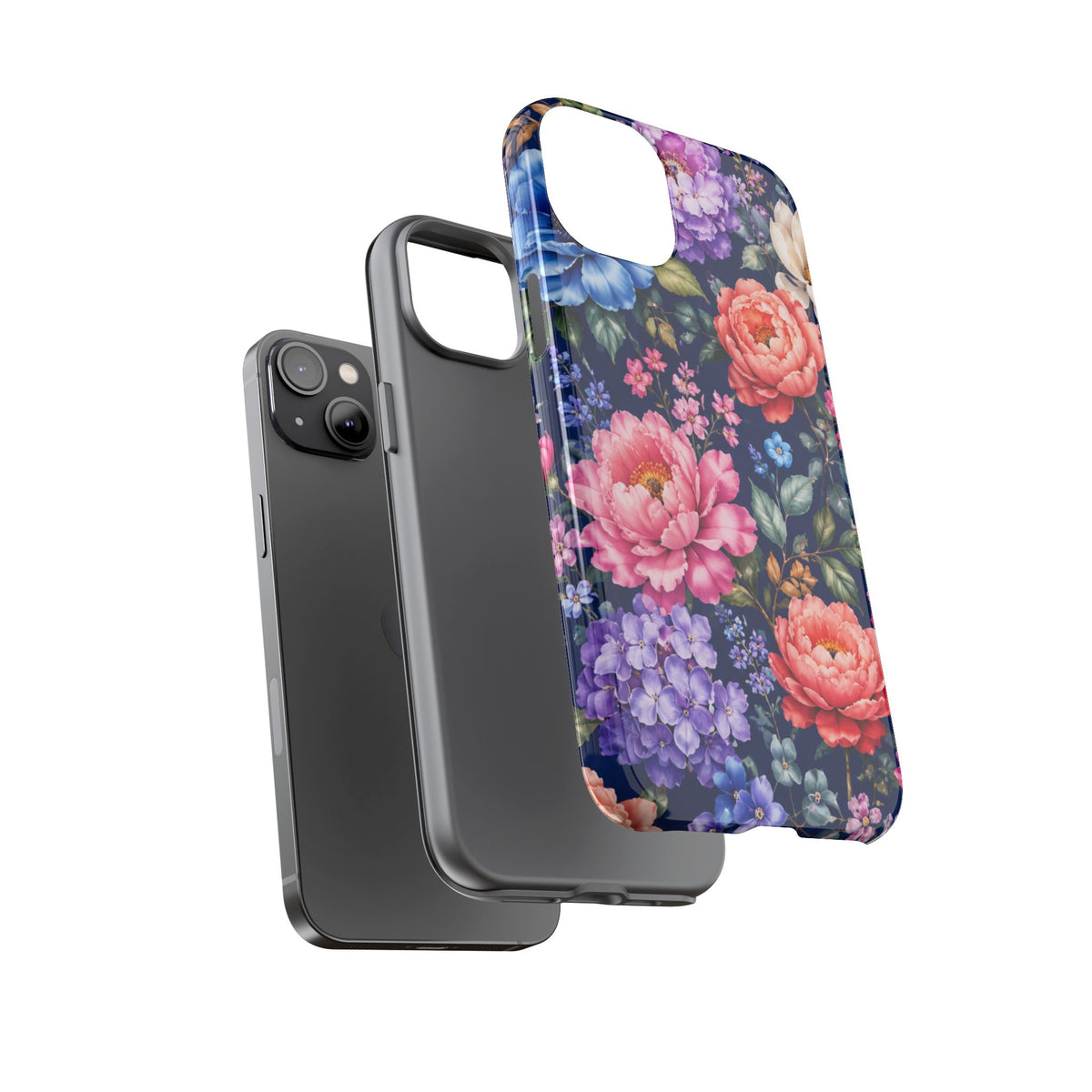 Floral Tough Phone Case – Vibrant Garden Flowers on Navy