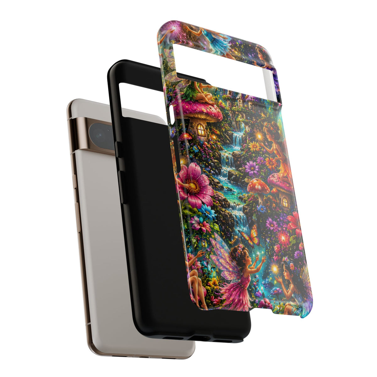 Fairy Garden Tough Phone Case — Whimsical Cottage, Waterfall & Mushroom Artwork